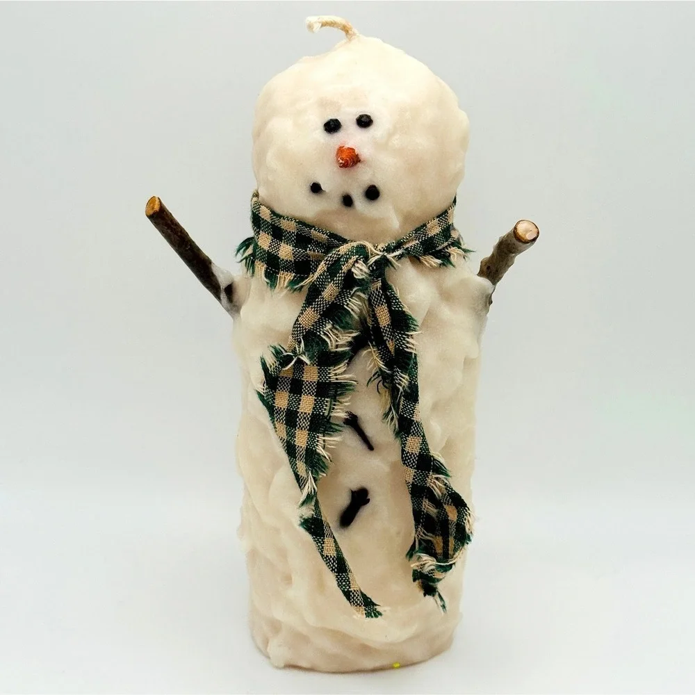 Rustic Snowman Pillar Candle Primitive Holiday Decor Plaid Scarf Stick Arms